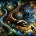 A dramatic and symbolic representation of the psychological meaning of dreaming about a venomous snake. The scene is set in a mysterious, dreamlike en
