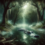 A dream interpretation scene depicting an encounter with an alligator in a natural, swampy environment. The alligator, symbolizing danger, power, and