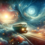 A dreamlike and symbolic image representing the theme of dreaming about a bus journey. The scene depicts a surreal and slightly mystical landscape wit