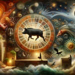 A dreamlike, enigmatic image that visualizes the concept of ‘Unraveling Dreams The Hidden Meaning of Dreaming about a Black Pig’. The scene is set in