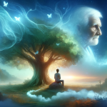 A dreamlike, ethereal scene representing the concept of dreaming about a deceased grandfather. The setting is a serene, surreal landscape blending ele