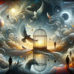 A dreamlike, introspective image that visualizes the concept of ‘Dream Reflections The Symbolism of Dreaming about a Bird in a Cage’. The scene is se