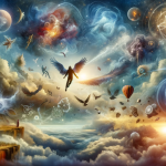 A dreamlike, majestic image that visualizes the concept of ‘Soaring in Dreams The Journey of Flying in Dreams’. The scene is set in a surreal, expans