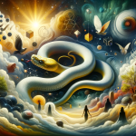 A dreamlike, mystical image that visualizes the concept of ‘The Enigma of Dreams Unraveling the Yellow and White Snake’. The scene is set in a surrea