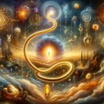 A dreamlike, mystical image that visualizes the concept of ‘Unraveling Dreams The Journey of Understanding the Golden Cord’. The scene is set in a su