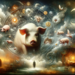 A dreamlike, surreal image that visualizes the concept of ‘The Hidden Meaning of Dreams Unraveling the Symbolism of Dreaming About Pigs’. The scene i