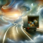 A dreamlike, surrealistic depiction of a road journey featuring a moving truck, symbolizing life’s transitions and personal growth. The scene should c