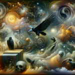 A dreamlike, symbolic image that visualizes the concept of ‘Deciphering Dreams The Meaning of Dreaming about a Black Vulture’. The scene is set in a