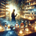 A dreamy and symbolic representation of buying perfume, capturing the themes of identity, transformation, and attraction. The scene depicts a person i