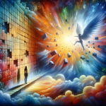 A dynamic and symbolic representation of dreaming about walls falling down. The scene includes a vivid and emotional background, depicting a person wi