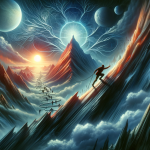 A dynamic and symbolic representation of the concept ‘Climbing Mountains in Dreams A Journey of Self-Discovery and Challenge.’ The scene is set in a