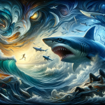 A gripping and symbolic representation of the psychological meaning of dreaming about a shark attack. The scene is set in a dramatic, oceanic environm