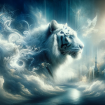 A majestic and mystical image depicting the concept of dreaming about a white tiger. The scene is set in a surreal, dreamlike landscape that is both p