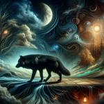 A mysterious and profound representation of a dream featuring a black wolf, symbolizing instinct, intelligence, and the exploration of the subconsciou