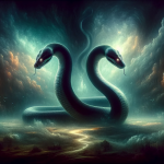 A mysterious and symbolic image depicting the concept of dreaming about a two-headed snake. The scene is set in a surreal, dreamlike landscape that is