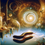 A mysterious and symbolic image representing the theme of dreaming about a centipede or piolho de cobra. The scene should depict a surreal and slightl