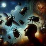 A mysterious and symbolic representation of dreaming about black beetles. The scene includes a dark and intriguing background, depicting a person in a