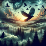 A mystical and dreamlike image representing the concept of ‘Discovering Hidden Meaning Dreams of Black Birds’. The scene is set in a surreal, dream-l