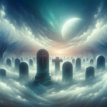 A mystical and introspective image representing the concept of dreaming about graves. The scene is set in a surreal, serene graveyard that captures th