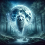 A mystical and powerful image representing the concept of dreaming about a white wolf. The scene is set in a mysterious, moonlit forest that embodies