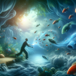 A person catching fish with their hands in a tranquil, dreamlike underwater scene, symbolizing the exploration of emotions, intuition, and the unconsc