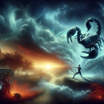 A powerful and symbolic image representing the theme of dreaming about killing a scorpion. The scene should depict a dramatic and somewhat mystical se