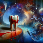 A profound and symbolic representation of the psychological meaning of dreaming about a bleeding tooth. The scene is set in an introspective, dreamlik