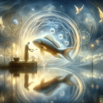 A reflective and symbolic image representing the concept of dreaming about cleaning fish. The scene should be set in a tranquil, dream-like environmen