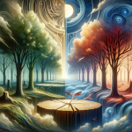 A reflective and symbolic representation of the psychological meaning of dreaming about cut trees. The scene is set in a serene, dreamlike forest, ill