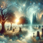 A serene and contemplative image representing the theme of dreaming about cemeteries. The scene should depict a peaceful and slightly mystical cemeter