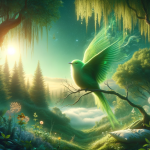 A serene and symbolic image representing the concept of dreaming about a green bird. The scene is set in a peaceful, natural environment that captures