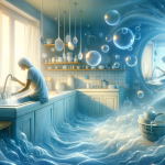 A serene and symbolic image representing the concept of dreaming about washing dishes. The scene is set in a tranquil, dreamlike kitchen that captures