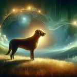 A serene and symbolic image representing the theme of dreaming about a brown dog. The scene depicts a peaceful and slightly mystical landscape with a