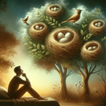 A serene and symbolic representation of dreaming about bird nests. The scene includes a peaceful and natural background, depicting a person in a conte