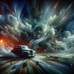 A surreal and atmospheric image representing the concept of dreaming about a car accident. The scene is set in a dreamlike, ethereal landscape that ca