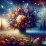 A surreal and dreamy garden representing the concept of dreaming about a bouquet of flowers. The scene should depict a mystical garden under a starry