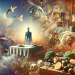 A surreal and metaphorical depiction of the psychological exploration of dreaming about spoiled food. The scene is set in a dreamlike, abstract landsc