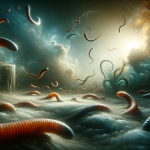 A surreal and symbolic image depicting the concept of dreaming about worms. The scene is set in a dreamlike, mysterious environment that is both unset