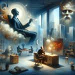 A surreal and symbolic representation of dreaming about a boss in an office setting. The scene depicts an abstract and dreamlike interpretation of the