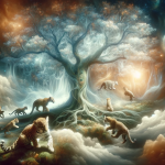 A surreal and symbolic representation of dreaming about jaguar cubs. The image features a dream-like, ethereal landscape with a large, mystical tree a