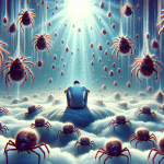 A surreal and symbolic scene depicting a person overwhelmed by numerous ticks in a dream-like environment. The ticks swarm around the person, symboliz