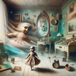 A surreal and thought-provoking image representing the concept of dreaming about a moving doll. The scene is set in a whimsical, dreamlike room that b