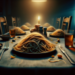 A surreal and unsettling scene depicting hair in food, symbolizing intrusion and contamination. The image captures the essence of emotional discomfort