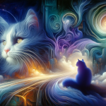 A surreal, dreamlike image representing the concept of dreaming about an injured cat. The scene is set in a mystical, ethereal landscape that symboliz