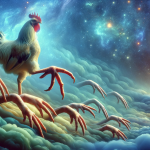 A surreal scene depicting chicken feet in a dreamlike setting, symbolizing stability, progress, and instinctual aspects of human nature. The image sho
