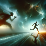 A suspenseful and symbolic image depicting the concept of being chased in a dream. The scene is set in a surreal, dreamlike environment that is both e