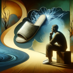 A symbolic and contemplative representation of dreaming about broken slippers. The scene includes a calm and abstract background, portraying a person
