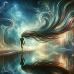A symbolic and ethereal image depicting the concept of dreaming about long hair. The scene is set in a surreal, dreamlike environment that is both cap