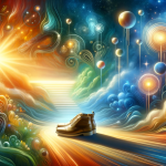 A symbolic and inspiring image representing the concept of dreaming about new shoes. The scene is set in a vibrant, dreamlike landscape that captures