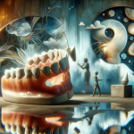 A symbolic and introspective image representing the concept of dreaming about a broken denture. The scene is set in a surreal, reflective space that c